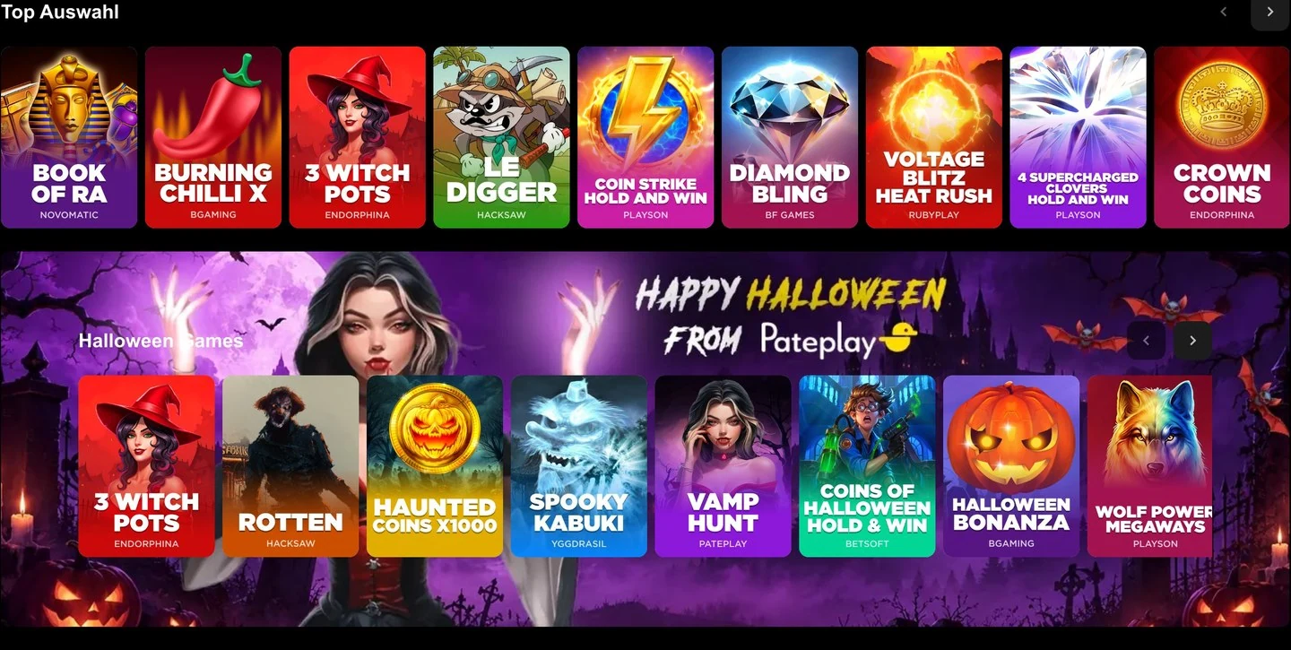 Top-Auswahl und Halloween-Spiele in der Betizy-Lobby