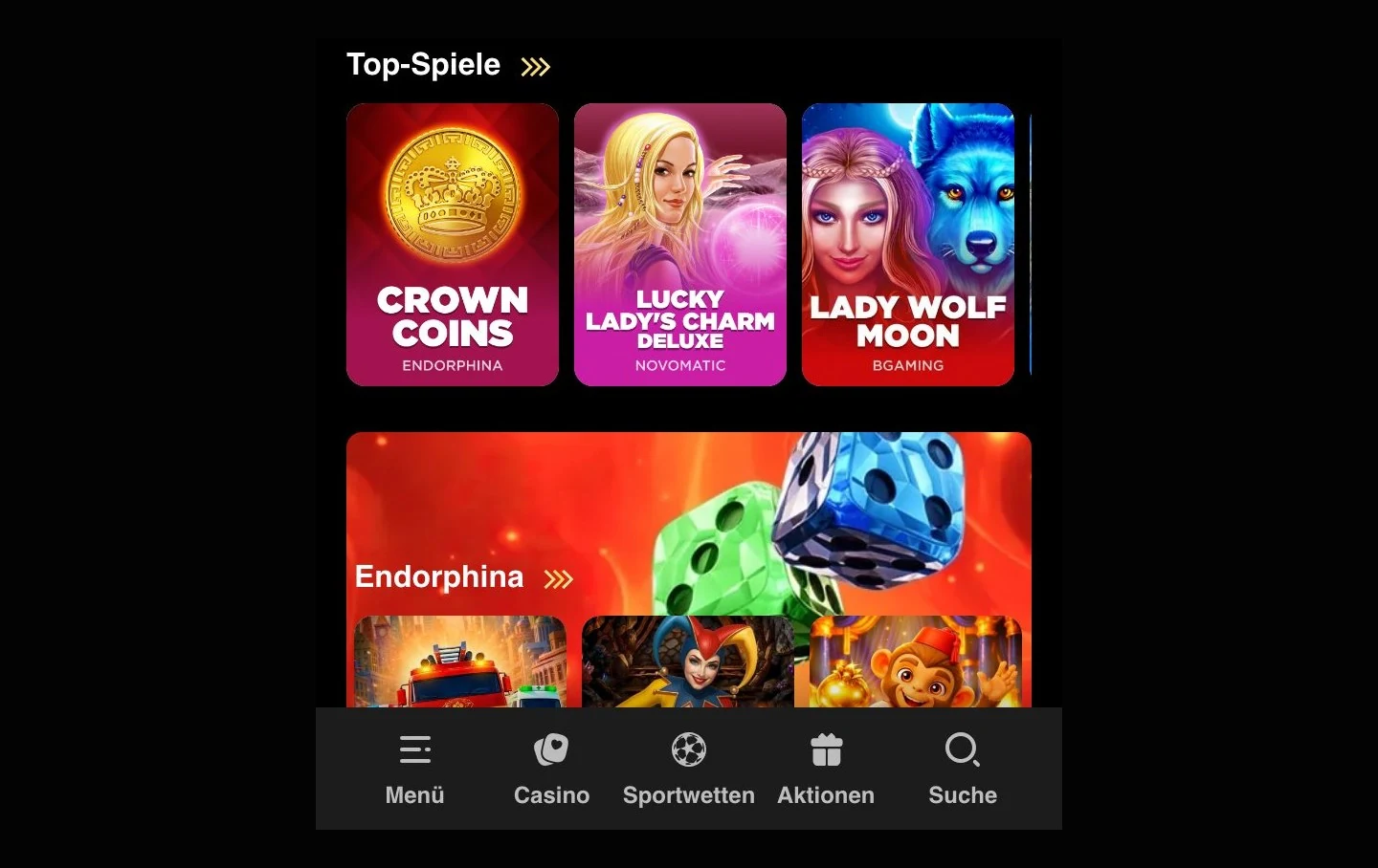 Mobile Version von Betizy mit Top-Spielen und Menüleiste